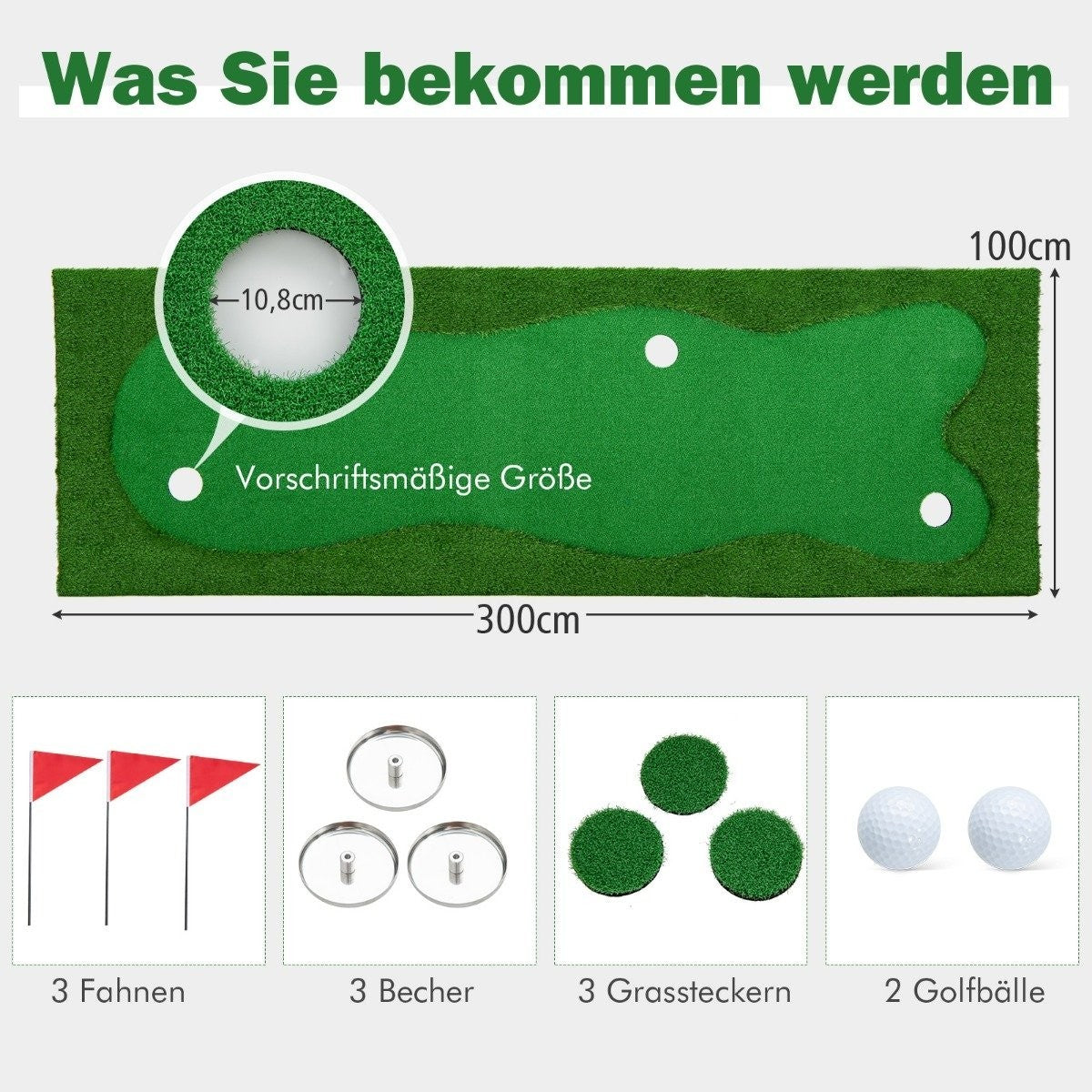 Diagrama de un green con accesorios: banderas, copas, parches de hierba y pelotas de golf. Se proporcionan dimensiones.