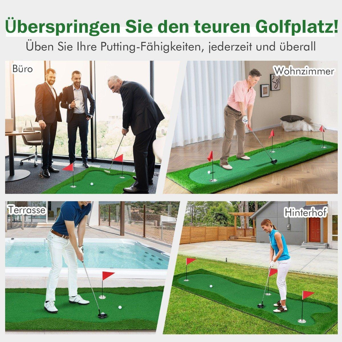La imagen muestra putting greens en diferentes lugares: oficina, sala de estar, terraza y patio trasero. Gente practicando golf.