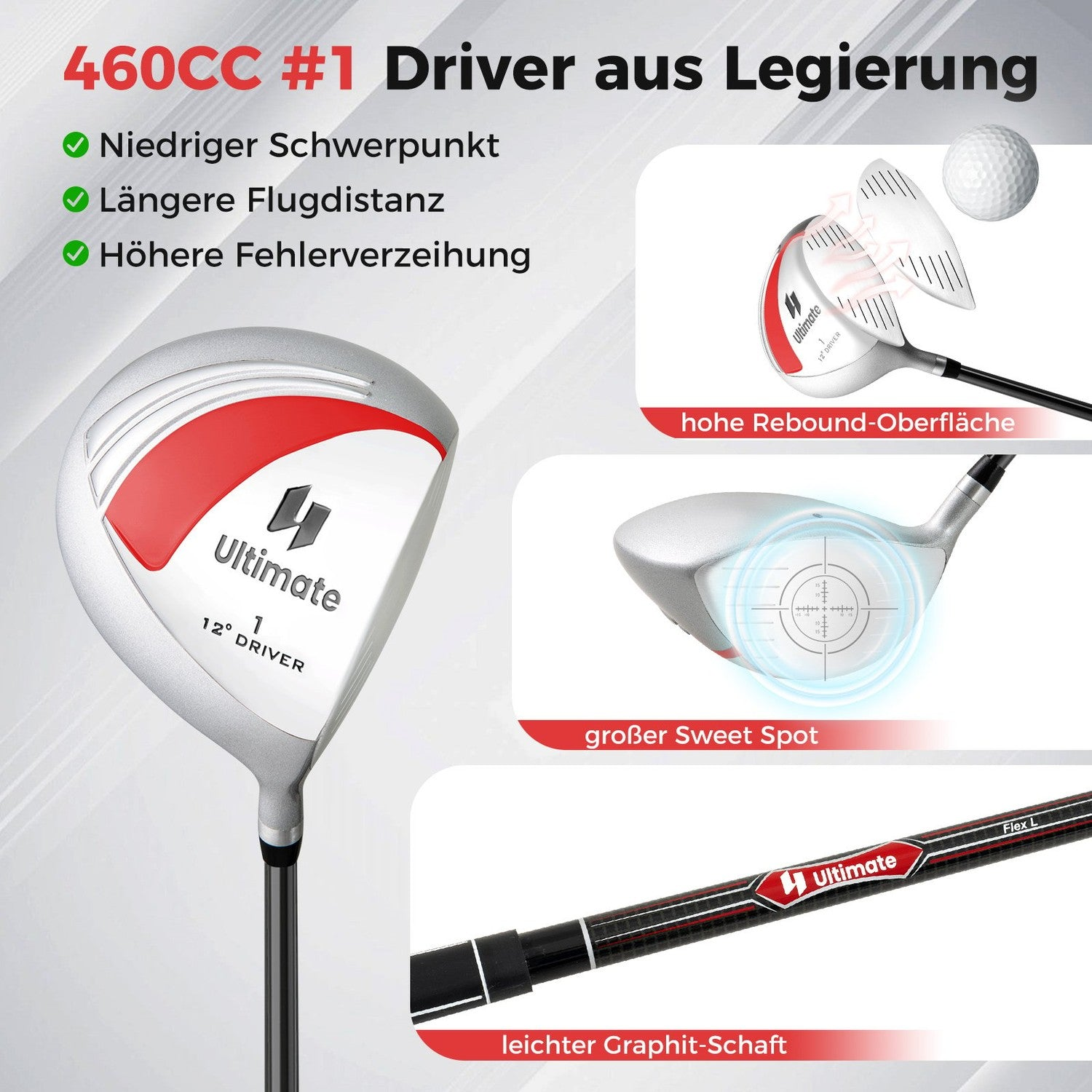 Driver de golf con cabeza roja y plateada, eje negro. El texto incluye 'Ultimate', '460CC' y 'Driver aus Legierung'.