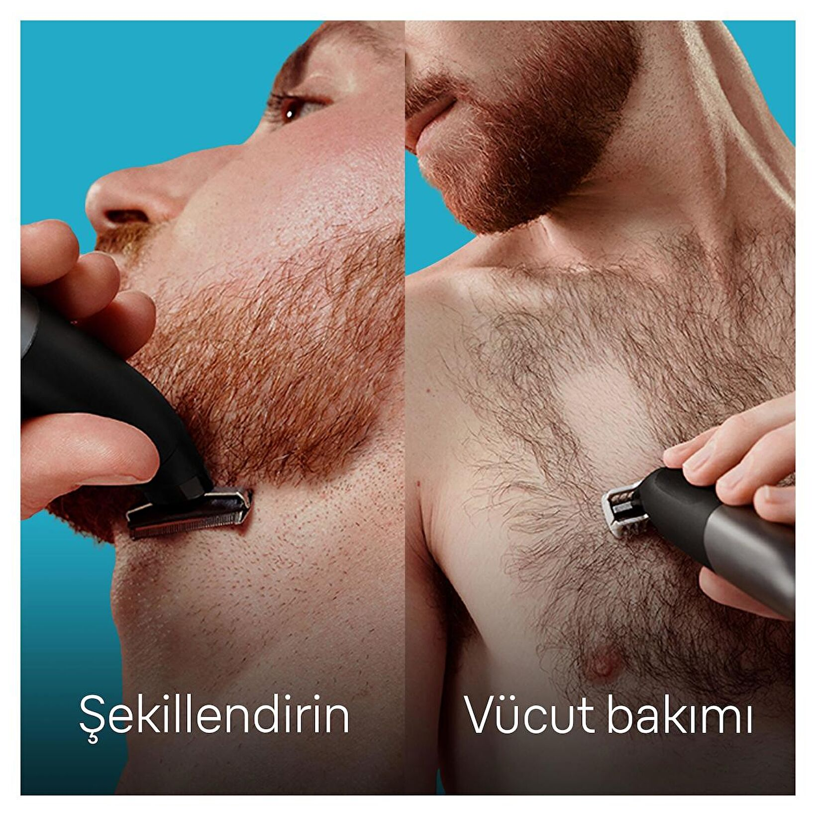 Un uomo si rade la barba e il petto con un trimmer. Lo sfondo è azzurro brillante.