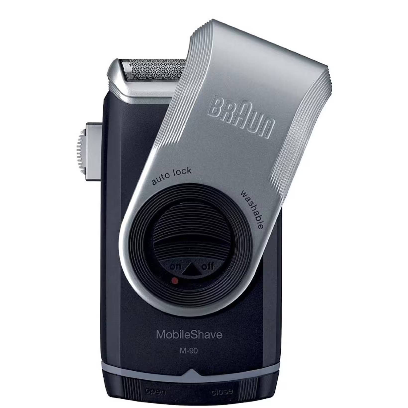 Braun MobileShave M-90 elektrikli tıraş makinesi. Siyah ve gümüş renkli, döner kadranlı ve Braun logolu.