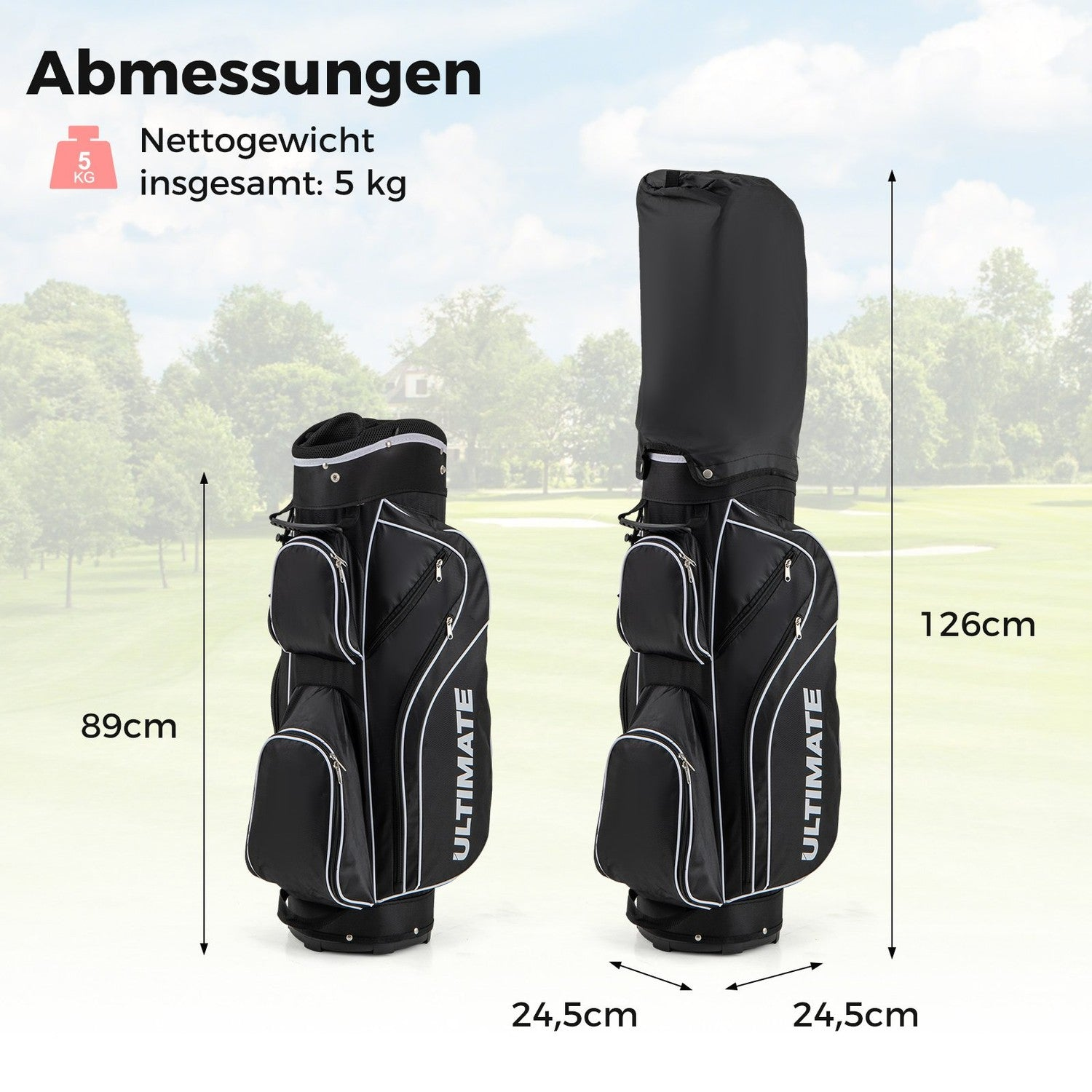 Se muestran dos bolsas de golf negras con ribete blanco. Una mide 89 cm de alto, la otra 126 cm. Las dimensiones son 24,5 cm de ancho. El fondo es un campo de golf.