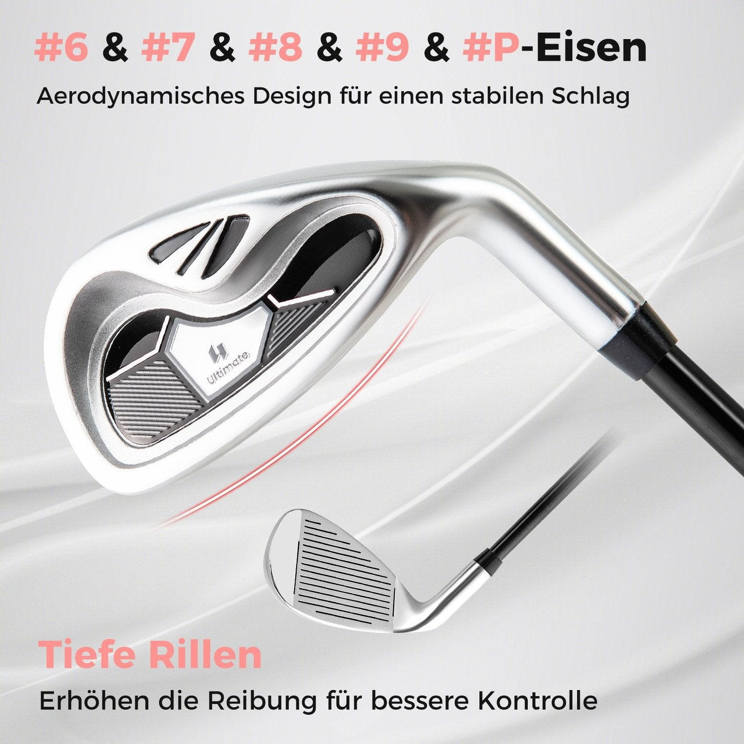 Se muestran dos palos de golf. Uno es más grande con una cara blanca y el otro más pequeño. El texto superior dice: #6 & #7 & #8 & #9 & #P-Eisen.