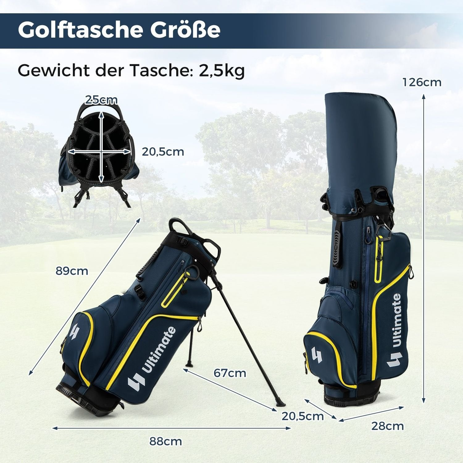 Una bolsa de golf azul marino y amarilla, con dimensiones etiquetadas. La bolsa está sobre un soporte, y el texto dice 'Ultimate'.