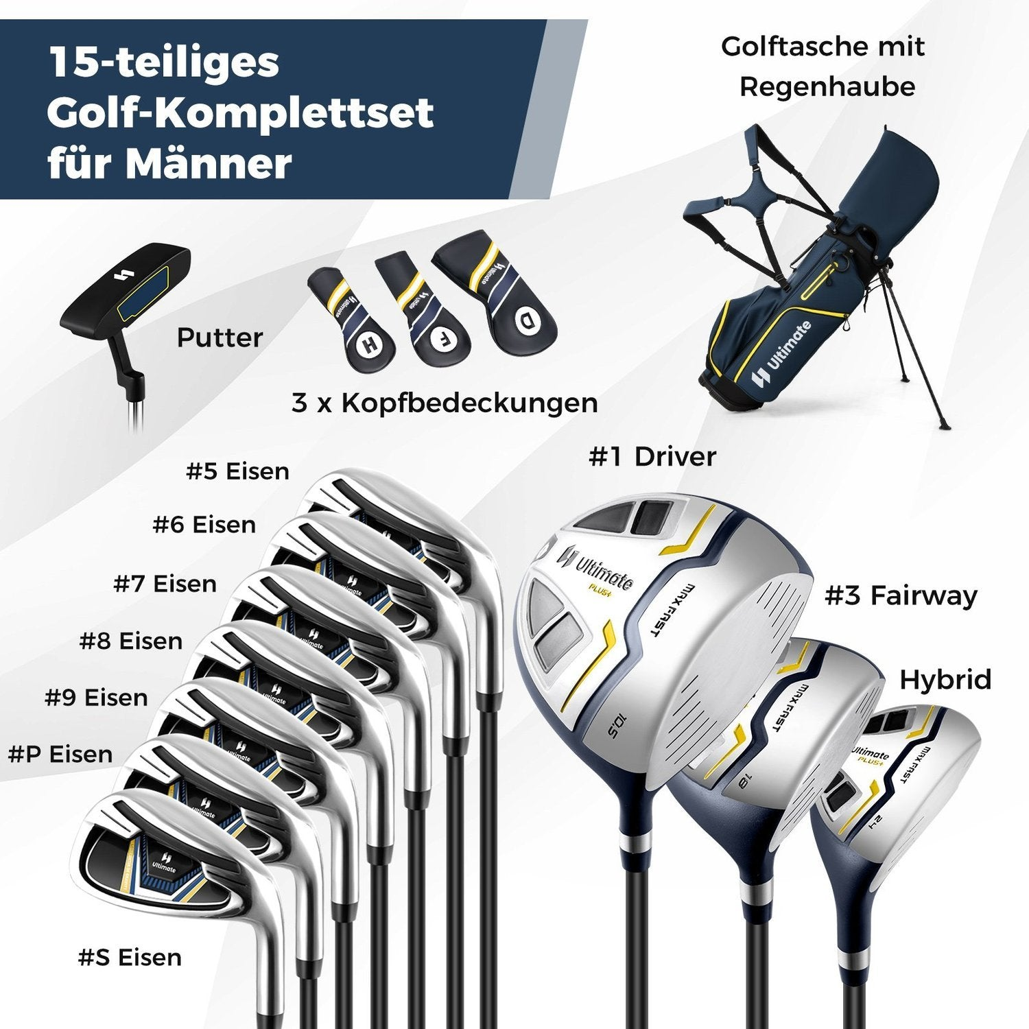 Un juego de golf para hombres. Incluye un putter, fundas para la cabeza, hierros, driver, madera de calle y palo híbrido, y una bolsa.