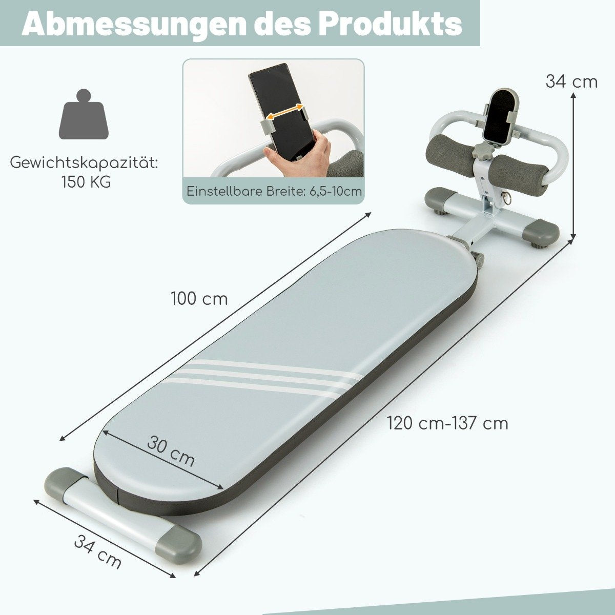 Dimensiones del producto con medidas. Equipo de ejercicio gris y blanco con soporte para teléfono ajustable. Capacidad 150 kg.