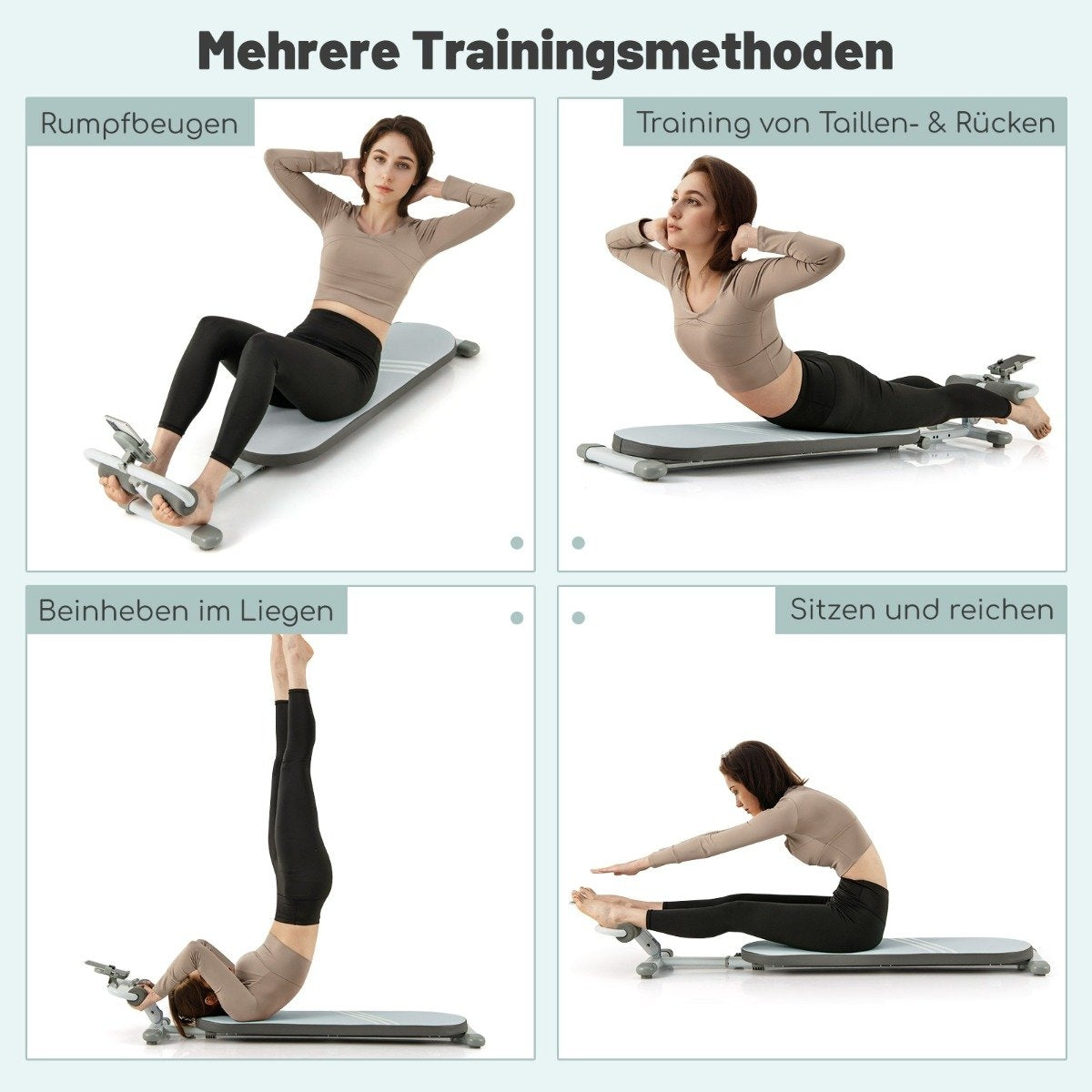 Cuatro demostraciones de ejercicios: abdominales, extensión de espalda, elevación de piernas y estiramiento. Cada una muestra a una mujer usando una máquina de fitness.