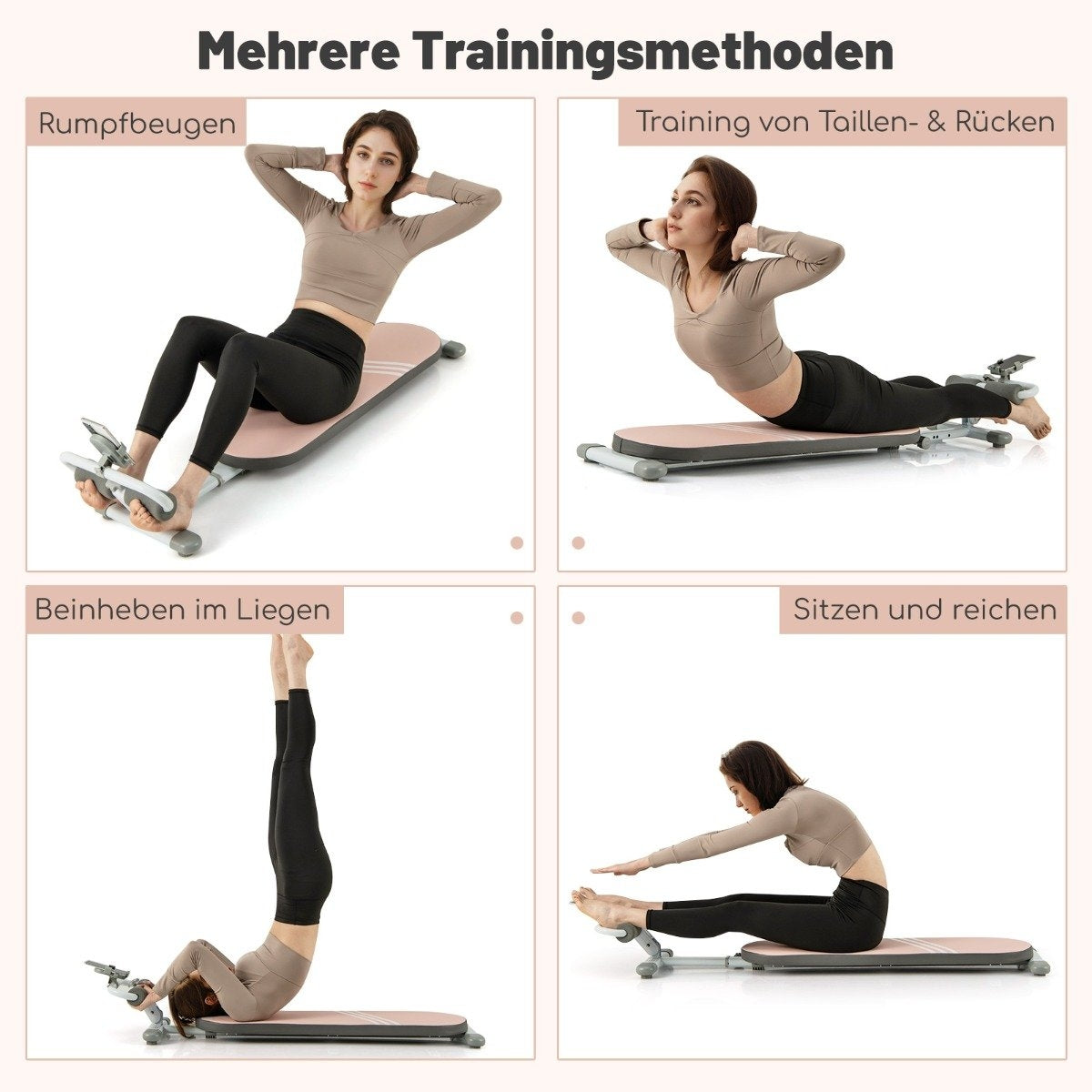La imagen muestra diferentes ejercicios: abdominales, entrenamiento de espalda, elevación de piernas y estiramientos, realizados por una mujer.
