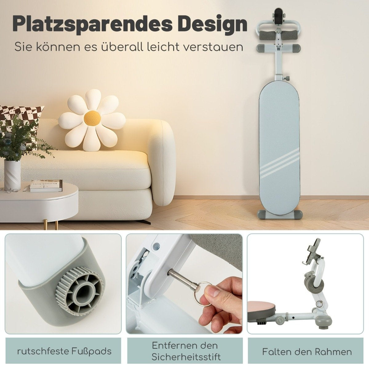 Se muestra una máquina de ejercicios. Es azul claro y gris, en una habitación con un sofá blanco y una almohada de margarita.