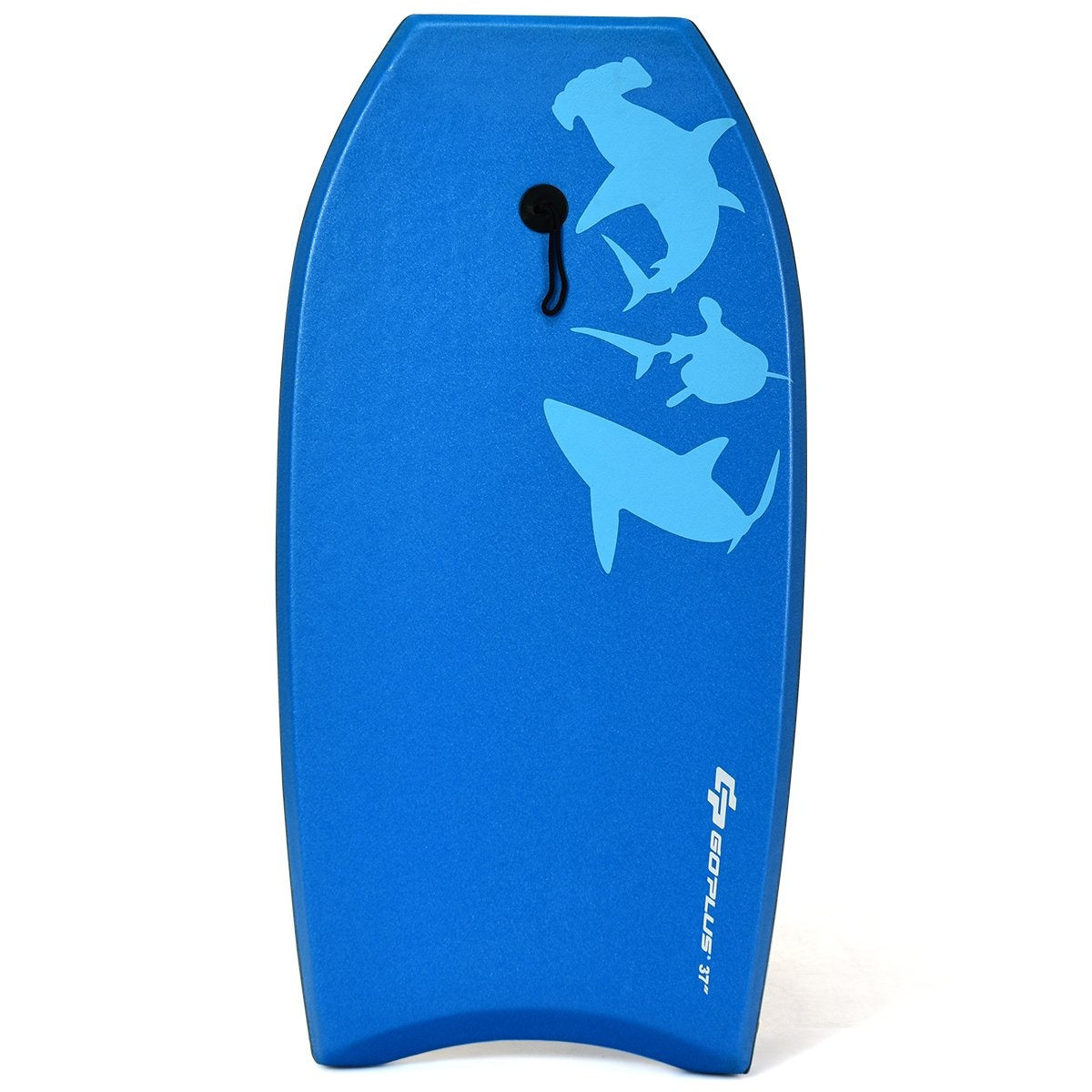 Una tabla de bodyboard azul con siluetas de tiburones y una correa negra. La tabla tiene el texto "Goplus 37".