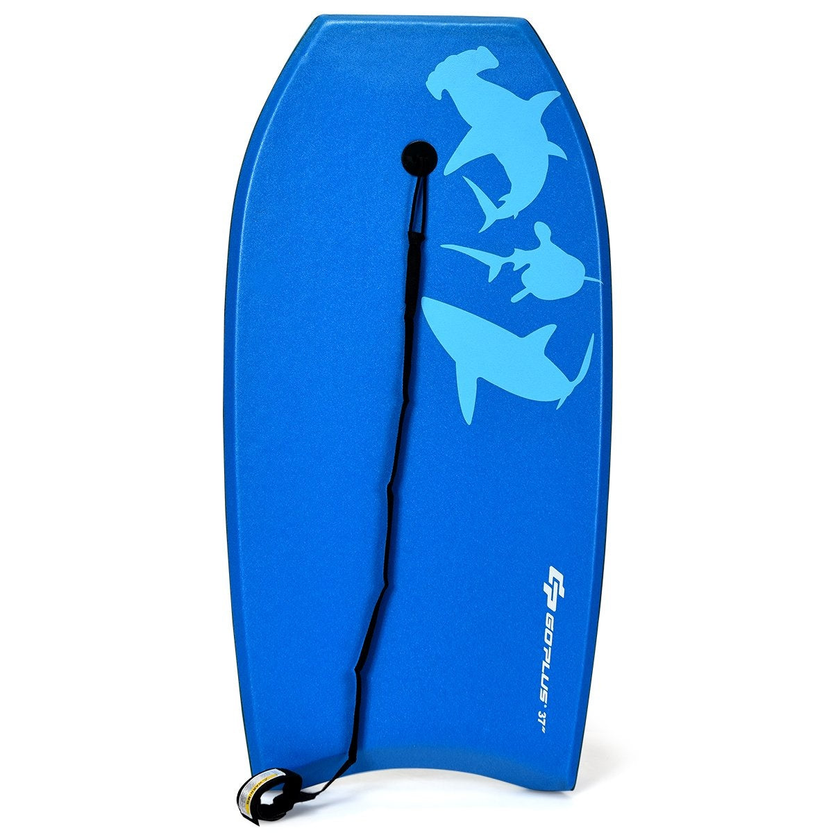 Tabla de bodyboard azul con siluetas de tiburones. Correa y asa negras. Fondo blanco. Logo 'GoPlus'.