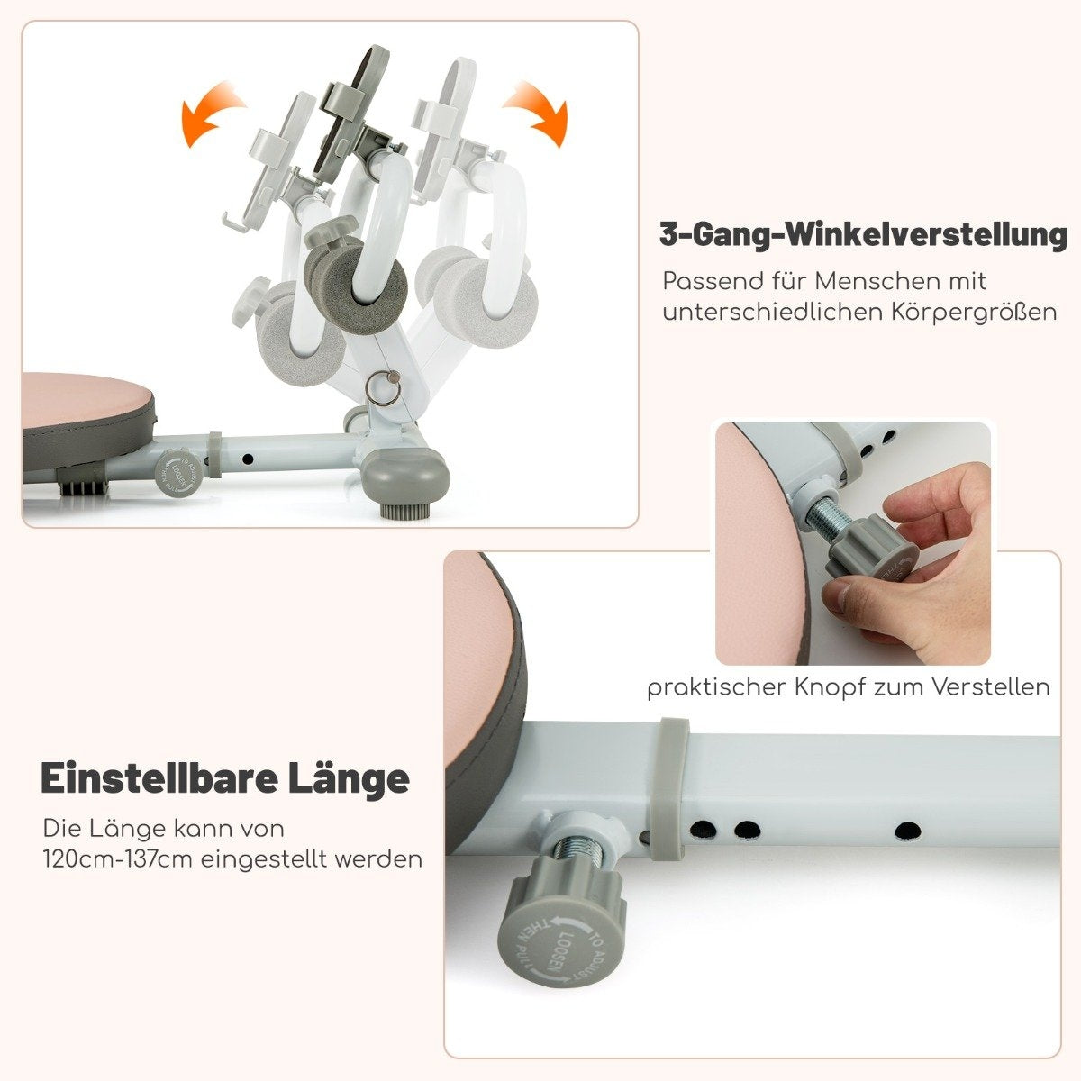 Una silla ergonómica ajustable. Tiene un asiento rosa, marco gris y funciones ajustables con textos como 'longitud ajustable'.