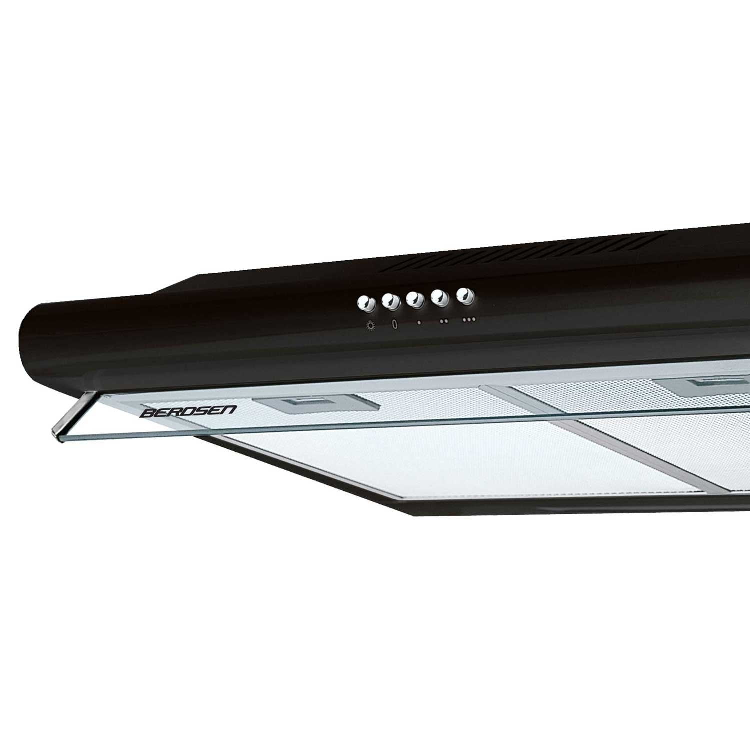 Campana extractora negra con panel de vidrio. Tiene botones en la parte superior y un filtro de malla metálica. La marca BEROSEN es visible.