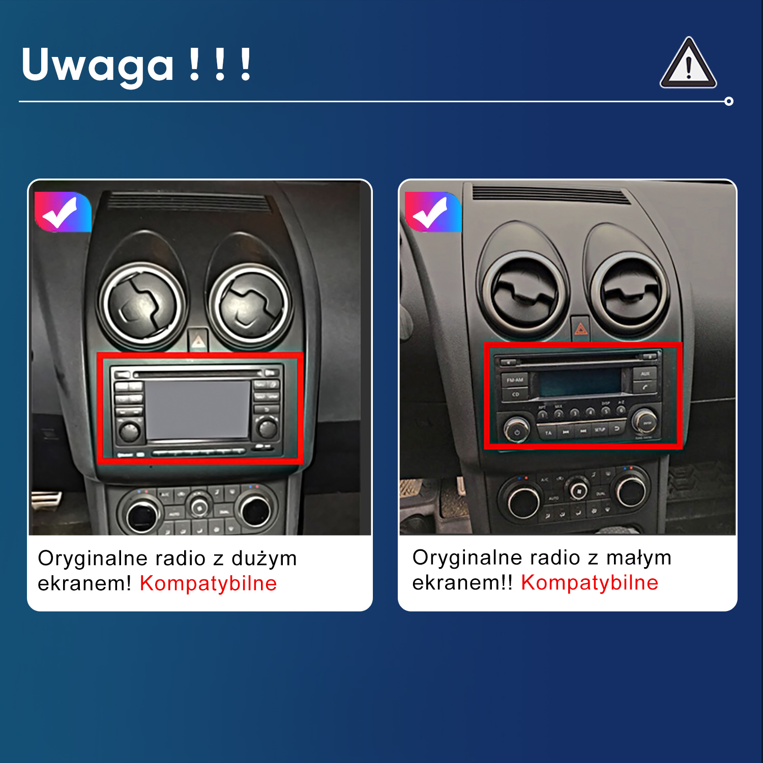 Deska rozdzielcza samochodu z opcjami radia. Tekst mówi 'Oryginalne radio z dużym ekranem' i 'Oryginalne radio z małym ekranem'.