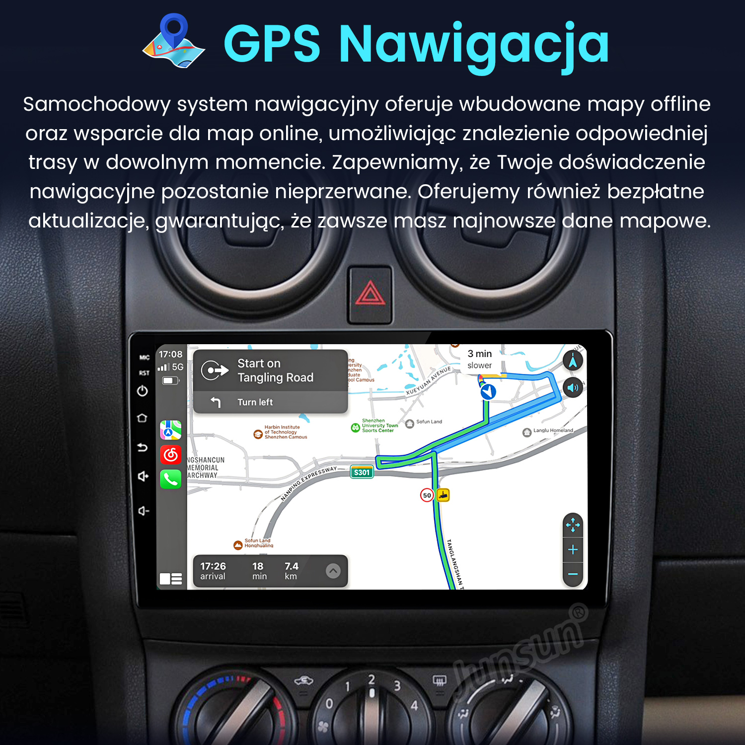 Ekran nawigacji samochodowej z mapą, wskazówkami trasy i instrukcjami skrętu.