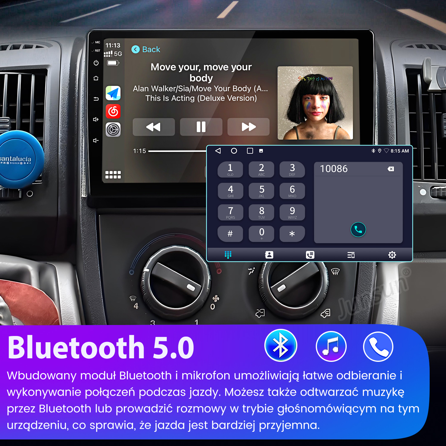 Ekran radia samochodowego odtwarzający muzykę. Otwarty jest ekran wybierania numeru telefonu. Bluetooth 5.0 jest reklamowany na dole.