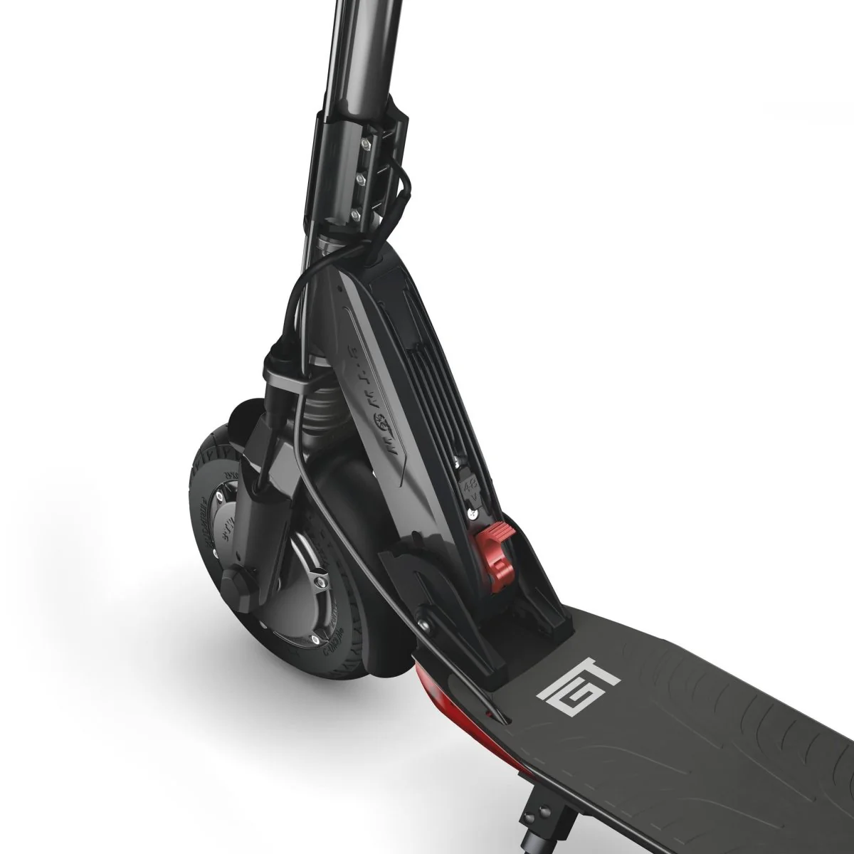 Czarna hulajnoga elektryczna. Widoczne przednie koło, podest i kierownica. Czerwony hamulec i logo na podeście.