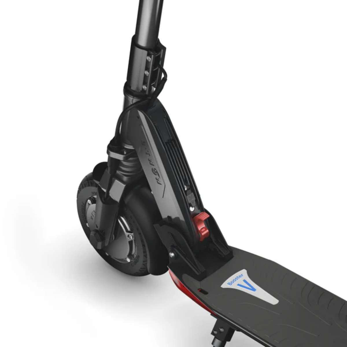Czarny skuter elektryczny na białym tle. Ma czarny pokład z napisem Booster. Widoczne jest przednie koło i rama.