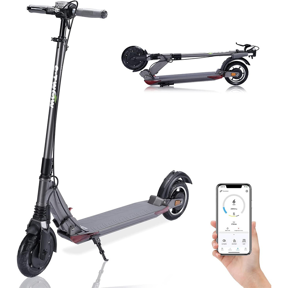 Hulajnoga elektryczna jest wyświetlana w trzech widokach. Telefon pokazuje jej prędkość. Hulajnoga jest szara i czarna z wersją złożoną.