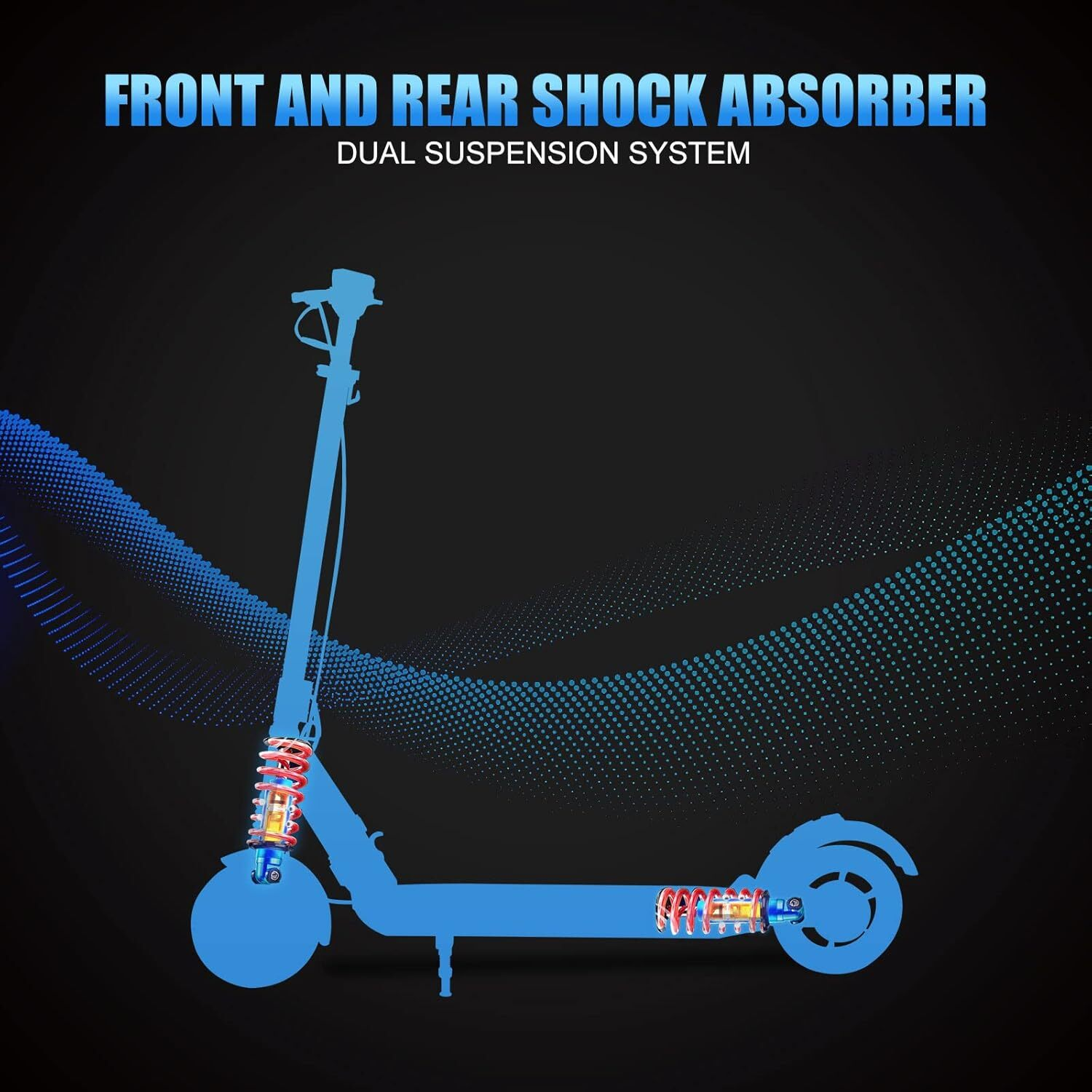 Niebieski kontur skutera z przednimi i tylnymi amortyzatorami. Tekst powyżej brzmi 'Front and Rear Shock Absorber Dual Suspension System'.