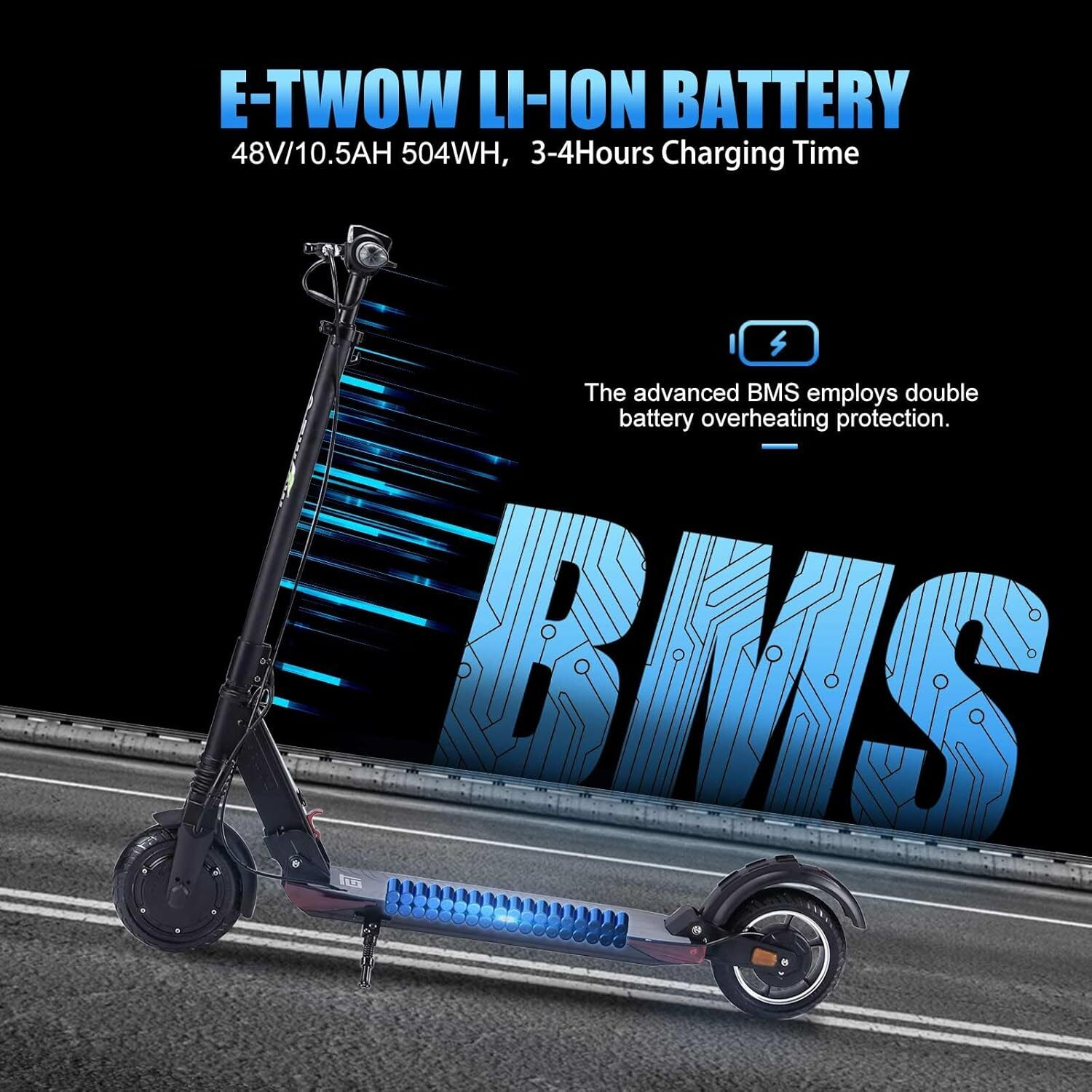 Hulajnoga elektryczna z tekstem o akumulatorze i BMS na drodze. Niebieskie linie i słowo BMS nakładają się na obraz.