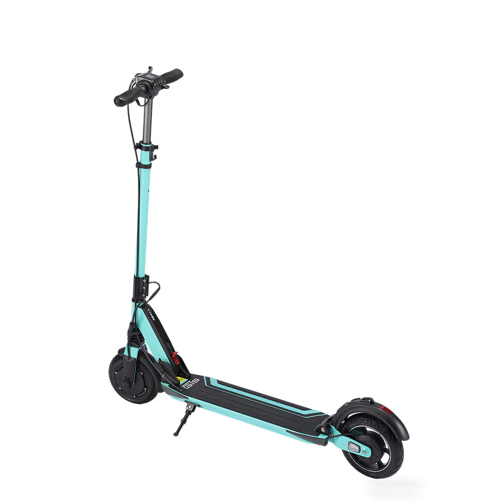 Hulajnoga elektryczna z turkusową ramą i czarnymi akcentami na białym tle.
