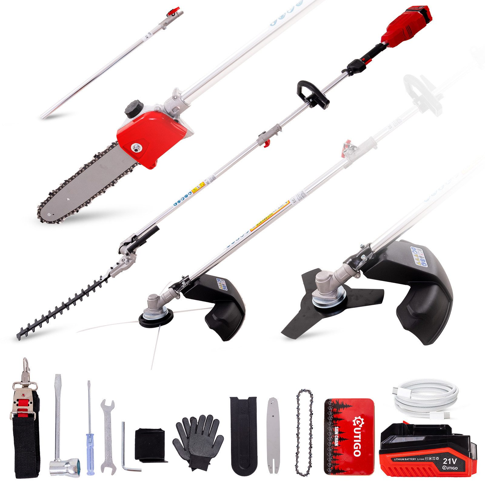 Asortyment narzędzi ogrodniczych, w tym piła łańcuchowa, nożyce do żywopłotu i podkaszarka, wraz z akcesoriami takimi jak bateria i rękawice.