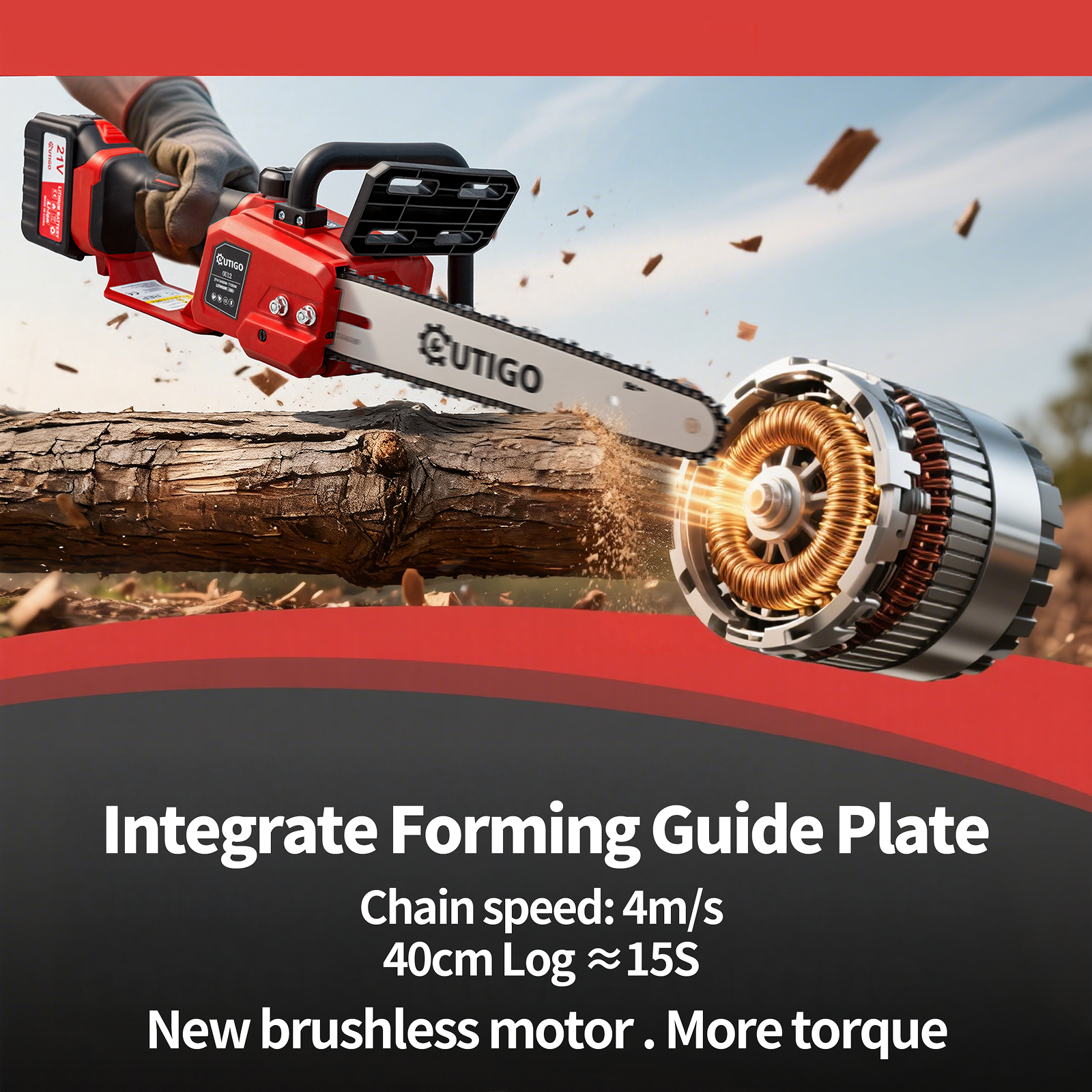 Czerwona piła łańcuchowa tnie kłodę. Wióry drzewne wylatują. Piła łańcuchowa jest oznaczona 'UTIGO'.