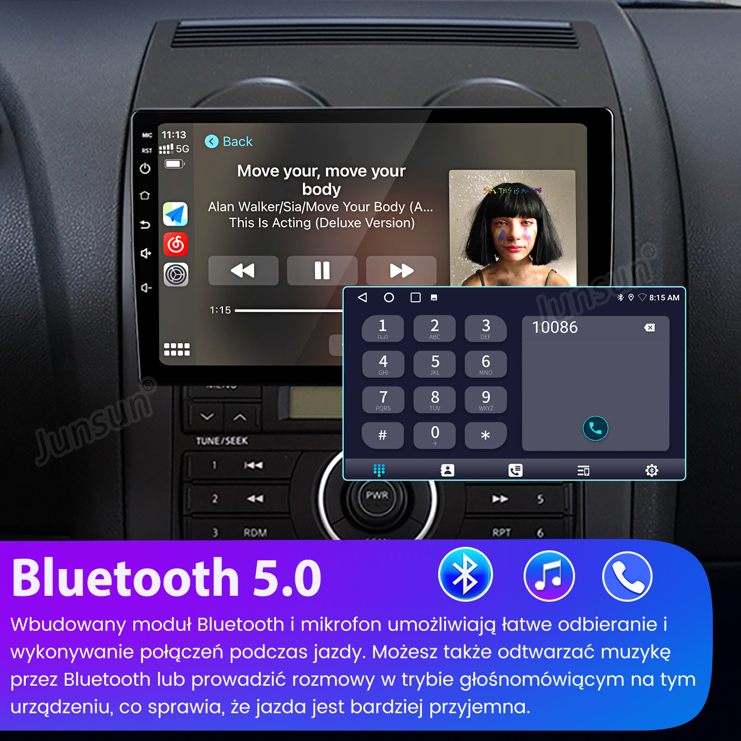 Ekran radia samochodowego odtwarzający muzykę i pokazujący klawiaturę do wybierania numeru. Bluetooth 5.0 jest reklamowany poniżej ekranu.