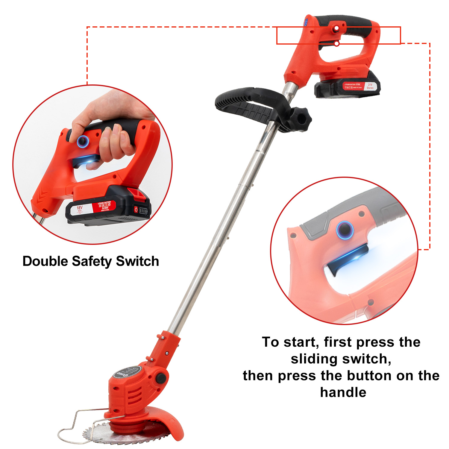 Pomarańczowo-czarna podkaszarka. Posiada podwójny wyłącznik bezpieczeństwa i przełącznik suwakowy. Ostrze znajduje się na dole.