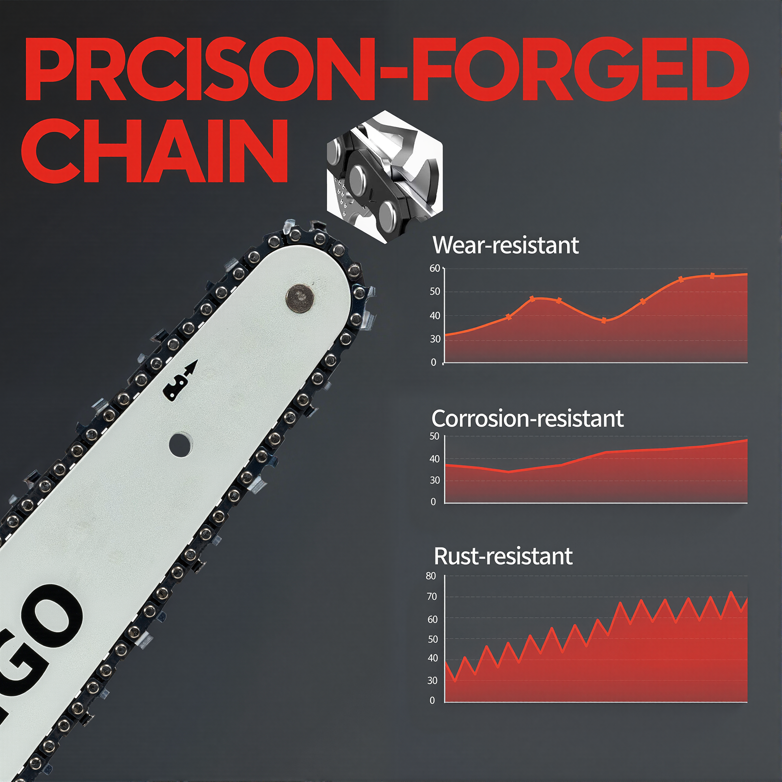 Obraz przedstawia łańcuch do piły łańcuchowej. Czerwony tekst głosi 'Precision-Forged Chain'. Wykresy pokazują odporność na zużycie, korozję i rdzę.