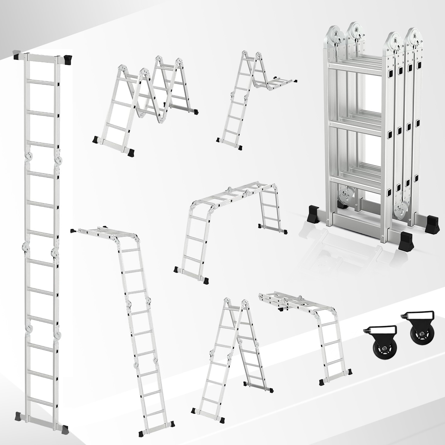 Różne konfiguracje wielofunkcyjnej aluminiowej drabiny na białym tle. Wyświetlane są różne formy.