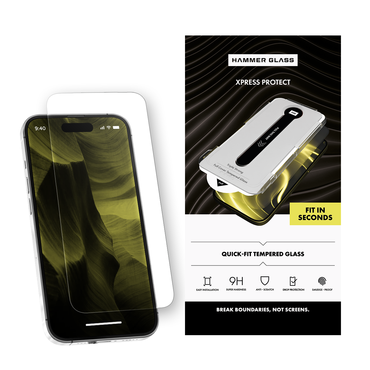 Telefon z ochroną ekranu po lewej i ekspozycją produktu po prawej, reklamującą ochronę.