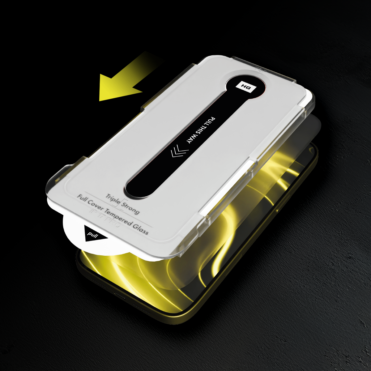 Nakładanie ochraniacza ekranu telefonu. Biały ochraniacz na górze, z czarnymi akcentami i tekstem. Żółta strzałka wskazuje kierunek.