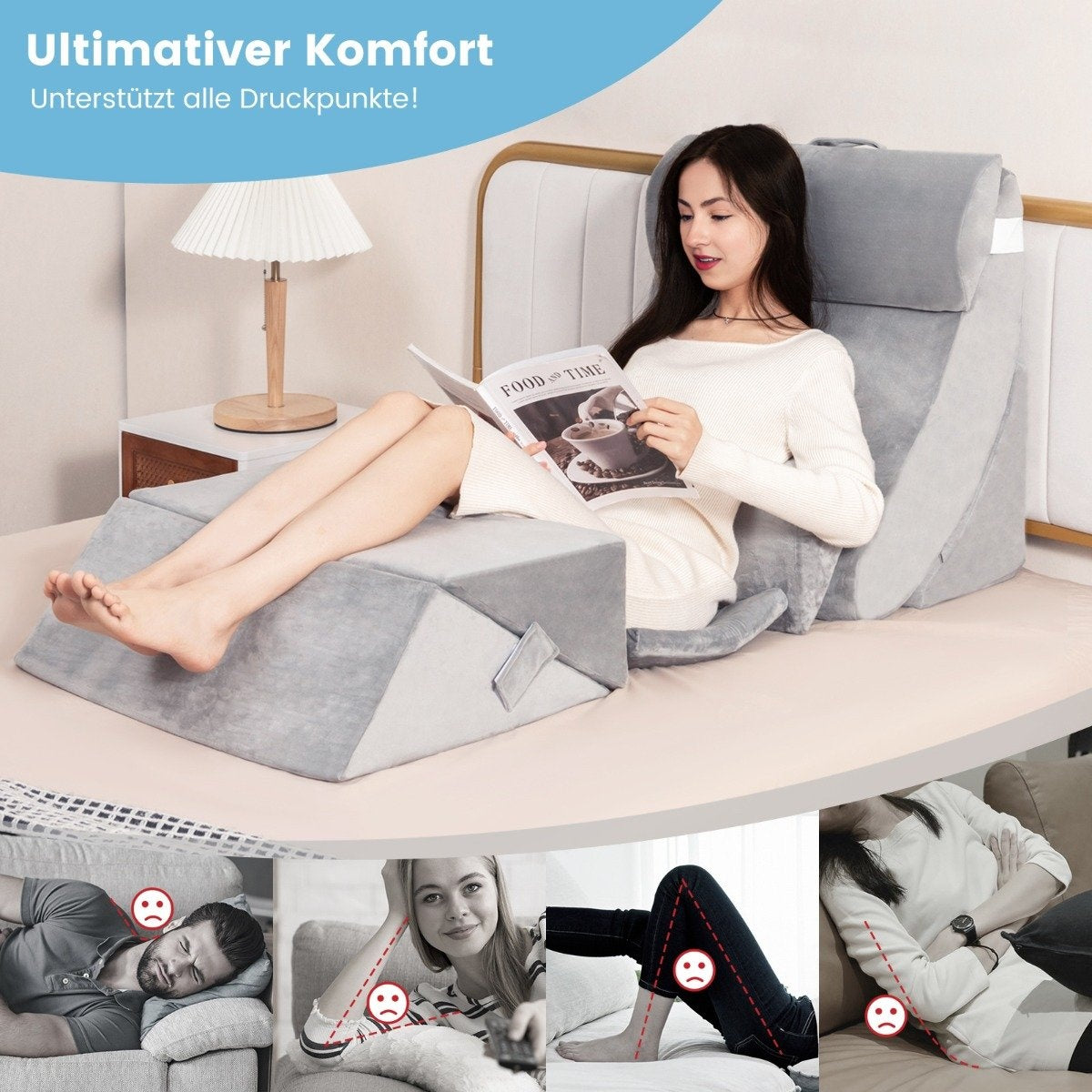 Una mujer lee una revista usando una cuña de cama gris. La imagen muestra comodidad y soporte para diferentes posiciones.
