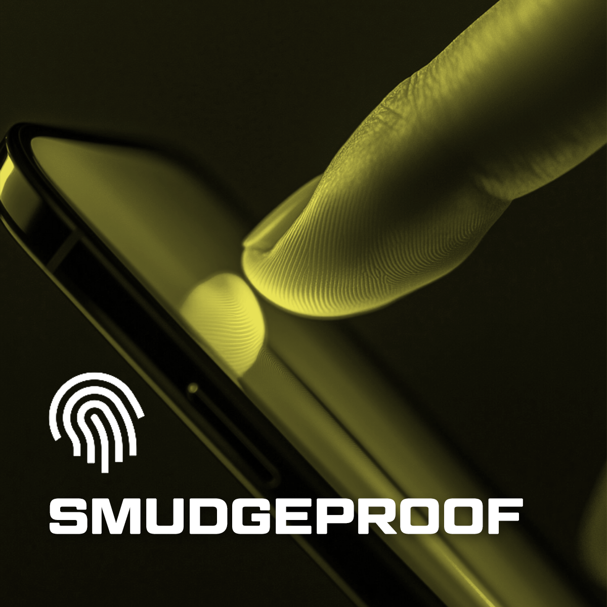 Palec dotyka ekranu telefonu. Ekran odbija palec. Słowo 'SMUDGEPROOF' i ikona odcisku palca są obecne.