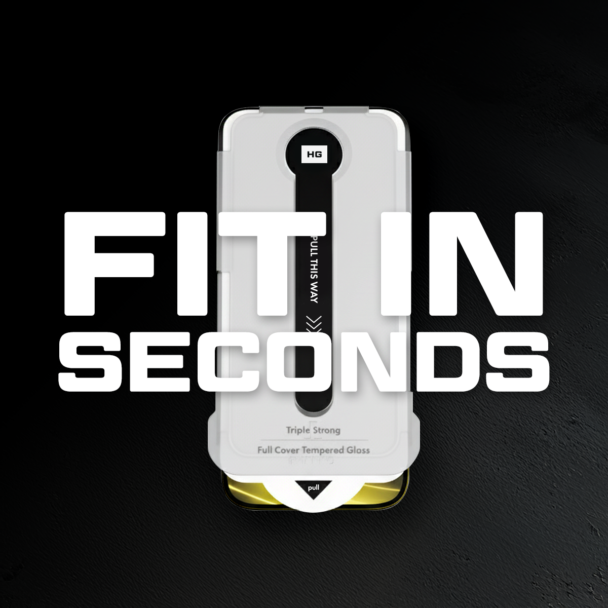 Obraz przedstawia telefon z ochraniaczem ekranu. Tekst mówi 'FIT IN SECONDS'. Ochraniacz jest oznaczony jako 'Triple Strong' i 'Full Cover'.