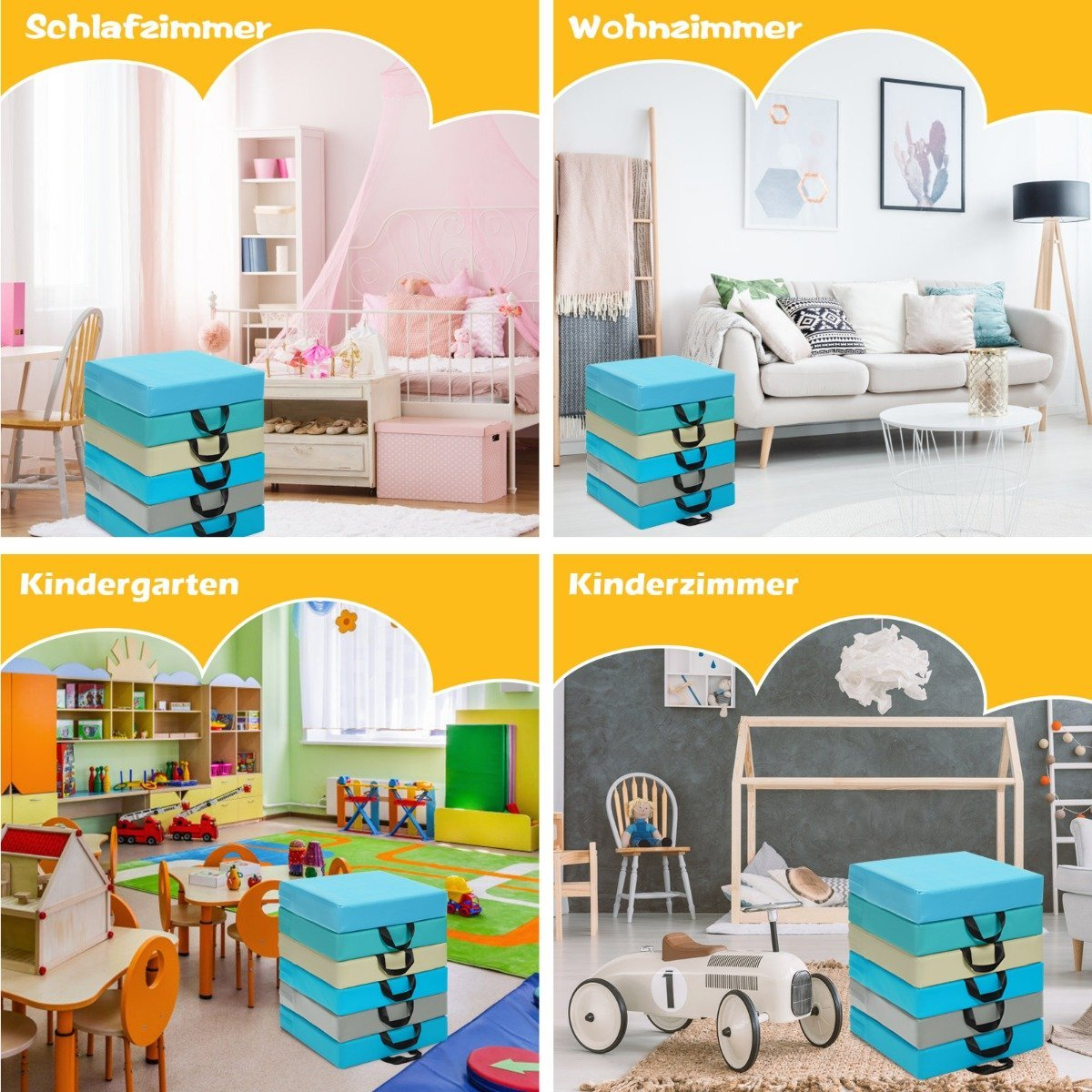 La imagen muestra cuatro habitaciones diferentes, cada una con una pila de bloques de espuma de colores. Las habitaciones son un dormitorio, una sala de estar, un jardín de infancia y un cuarto de niños.