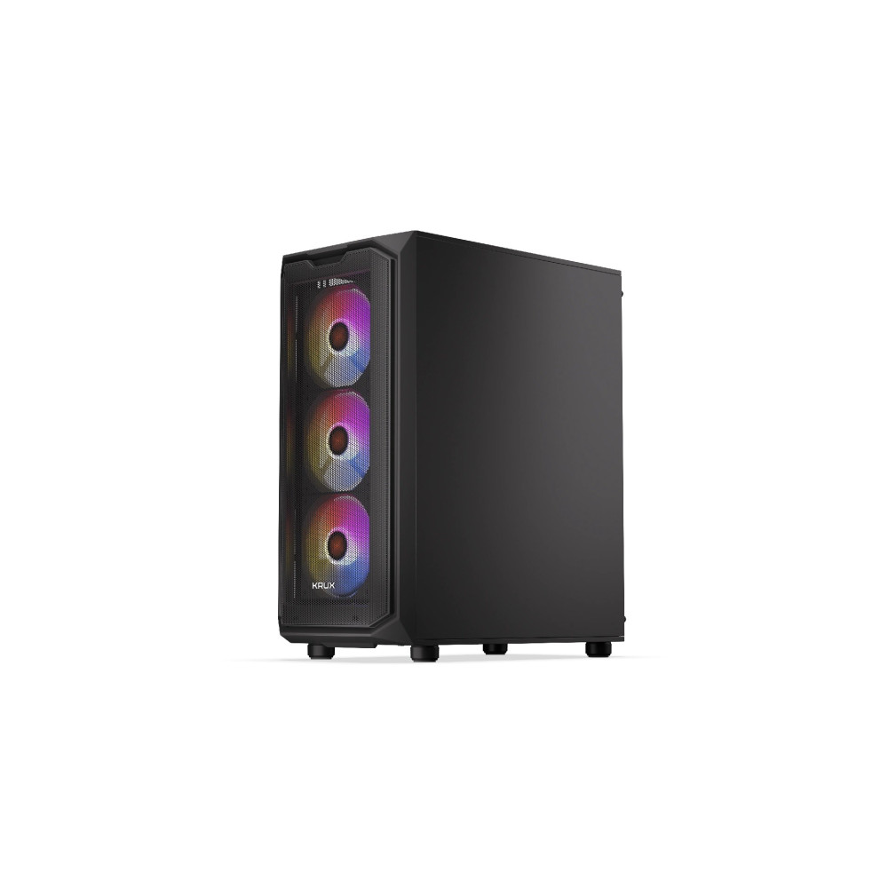 Czarna obudowa komputera z trzema kolorowymi wentylatorami z przodu i napisem KRUX. Obudowa na białym tle.