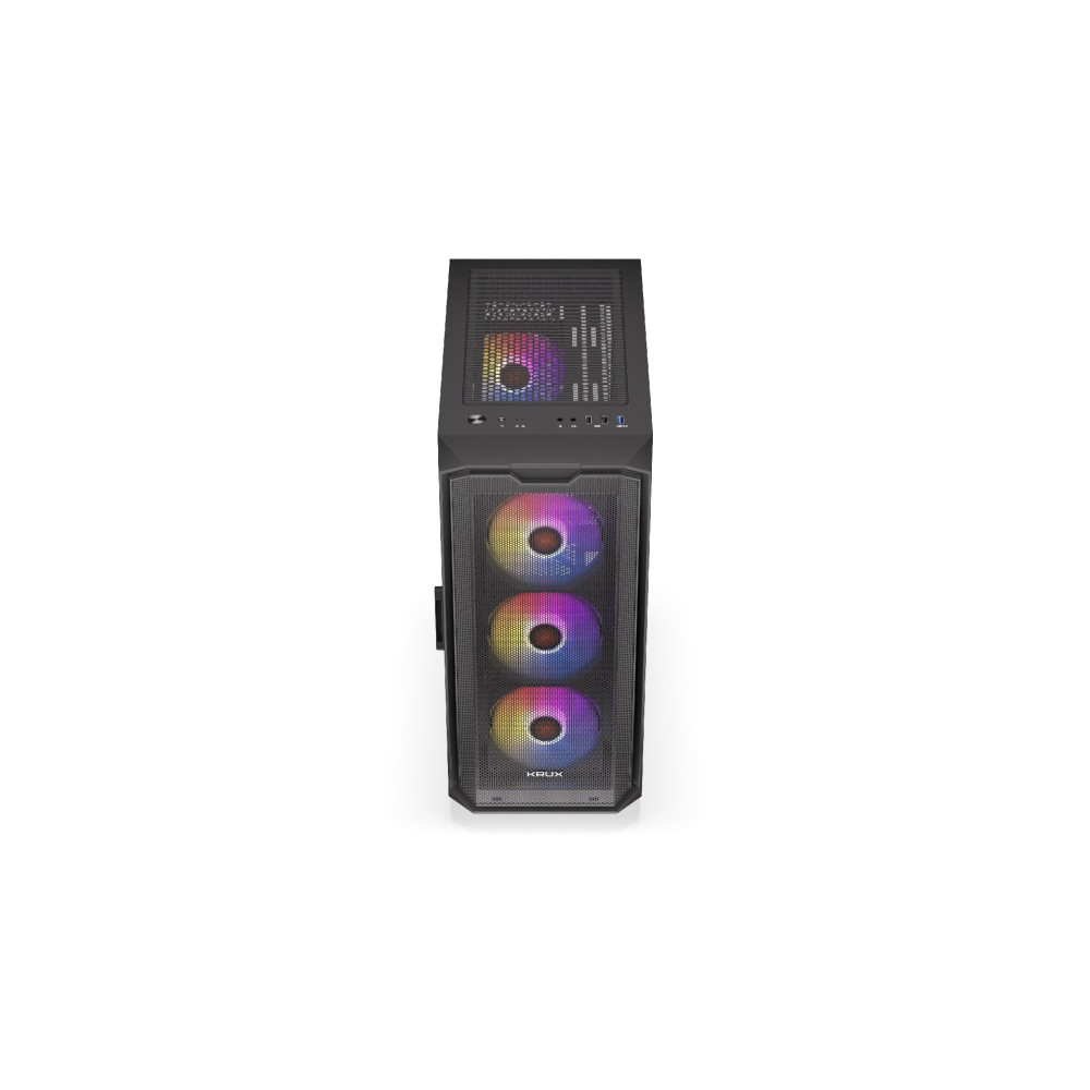 Obudowa komputera z tęczowymi wentylatorami. Obudowa jest czarna, z siatkowym panelem przednim, a wentylatory są widoczne przez siatkę.