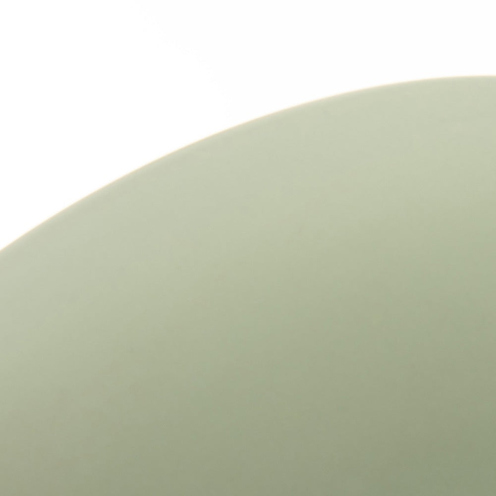 Vista cercana de una superficie verde pálido y curvada con fondo blanco. La forma es suave y redondeada.