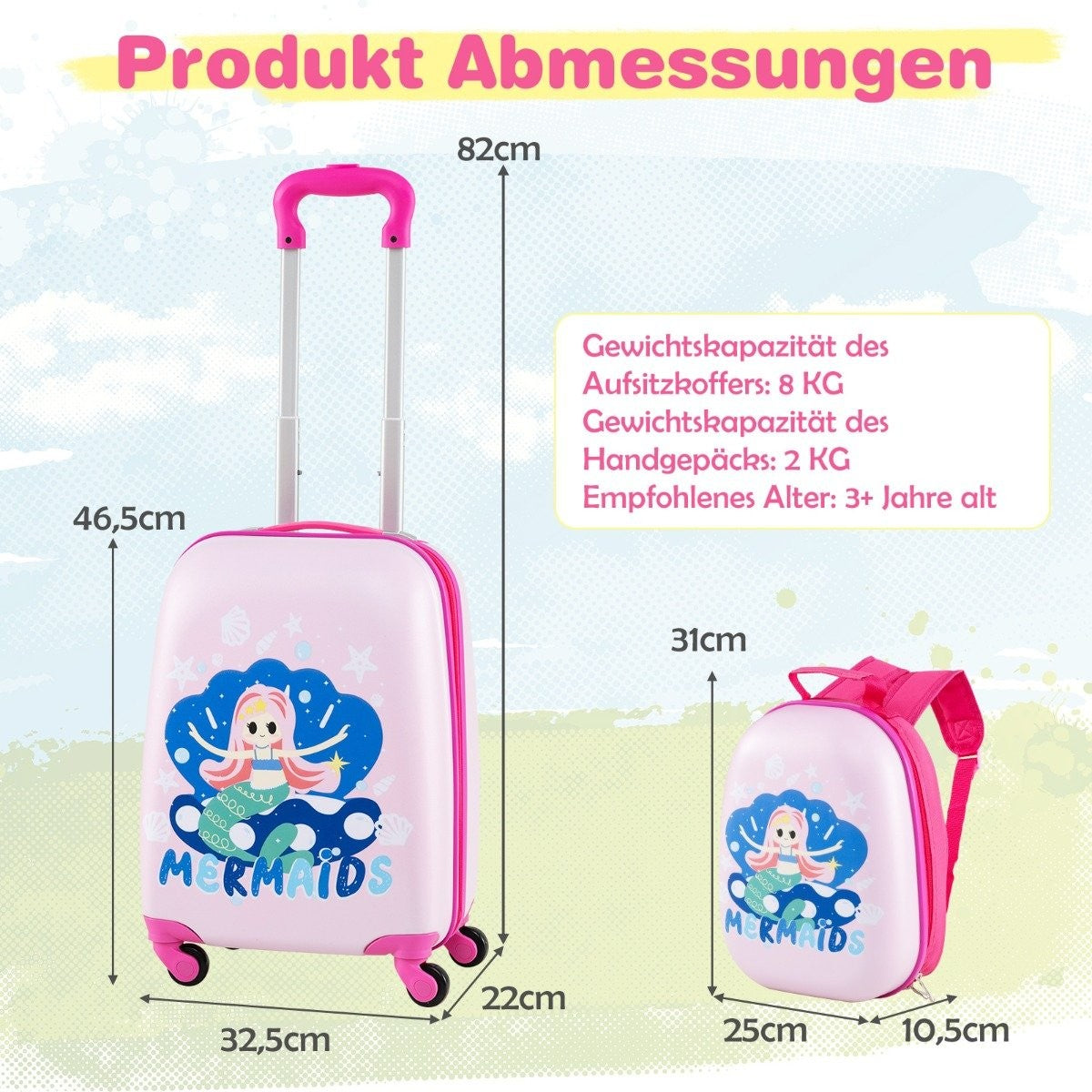 Juego de equipaje y mochila rosa con temática de sirenas. El equipaje tiene ruedas y asa. El fondo es azul claro con medidas.