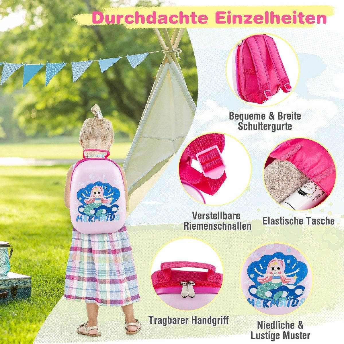 Una niña con una mochila rosa con diseño de sirena está cerca de una tienda de campaña. La mochila tiene correas ajustables. Imágenes detalladas muestran características.