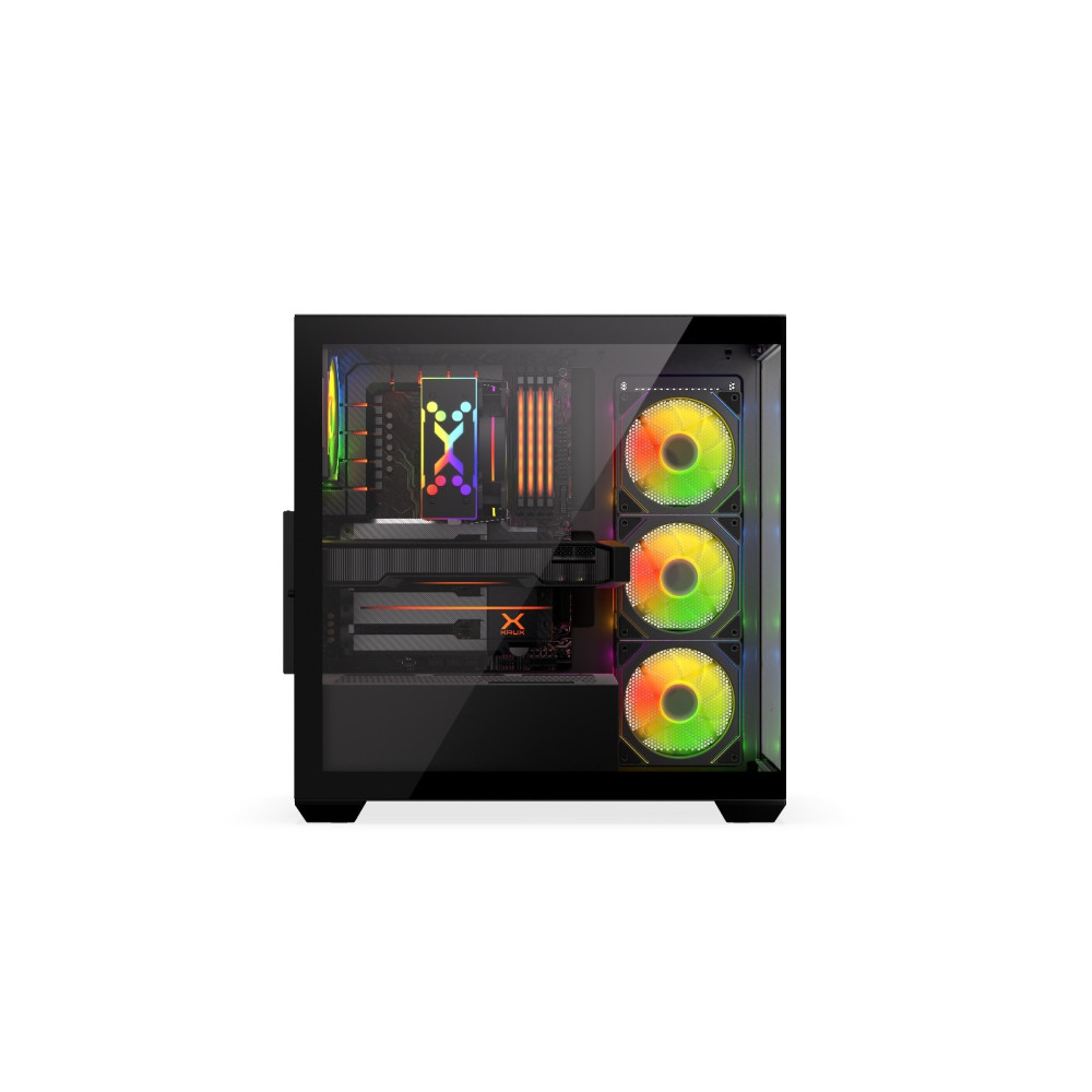 Obudowa komputera z szklanym panelem, prezentująca komponenty wewnętrzne, w tym wentylatory z kolorowymi światłami i kartę graficzną.