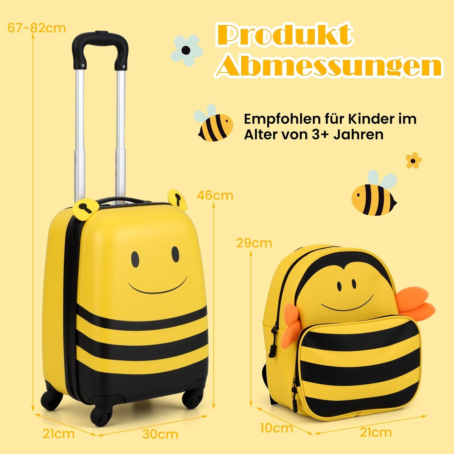 Un juego de maleta y mochila amarillas con diseño de abeja, rayas negras y caras sonrientes. Dimensiones y edad recomendada visibles.