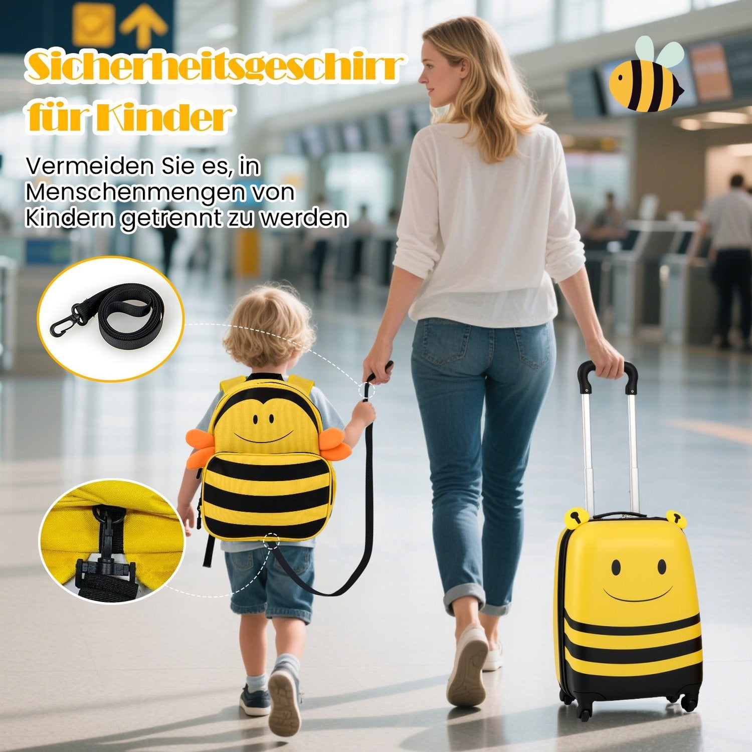 Una mujer y un niño con una mochila de abeja caminando en un aeropuerto. Una maleta amarilla con diseño de abeja está al lado de la mujer.