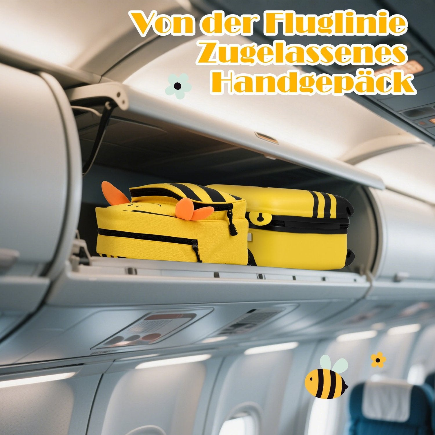 Dentro del avión, equipaje de mano amarillo con rayas negras en el compartimento superior. Pegatinas de abeja y flores en la base.