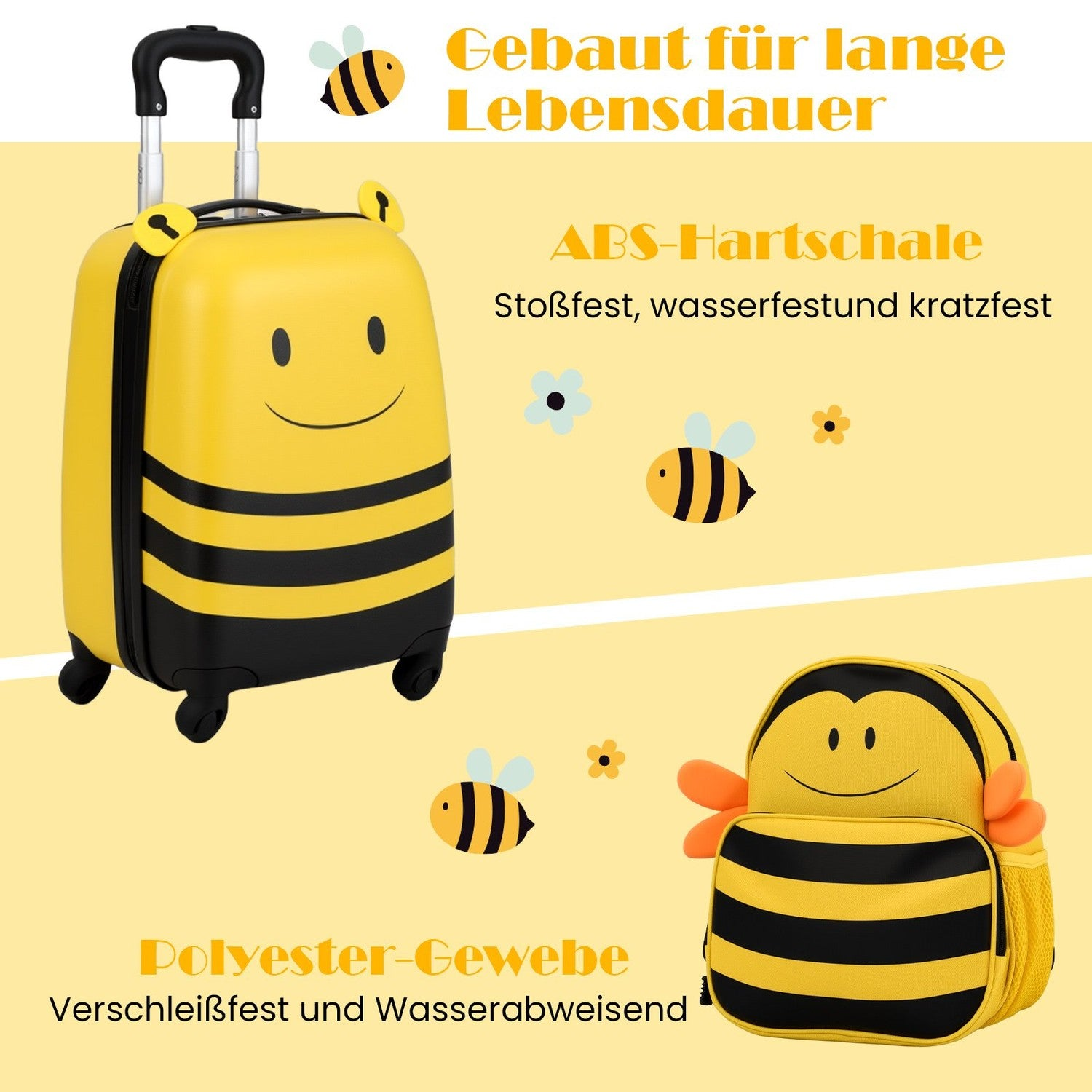 Maleta y mochila amarillas con temática de abeja. Ambas tienen rayas negras. La maleta tiene ruedas y asa, la mochila alas naranjas.
