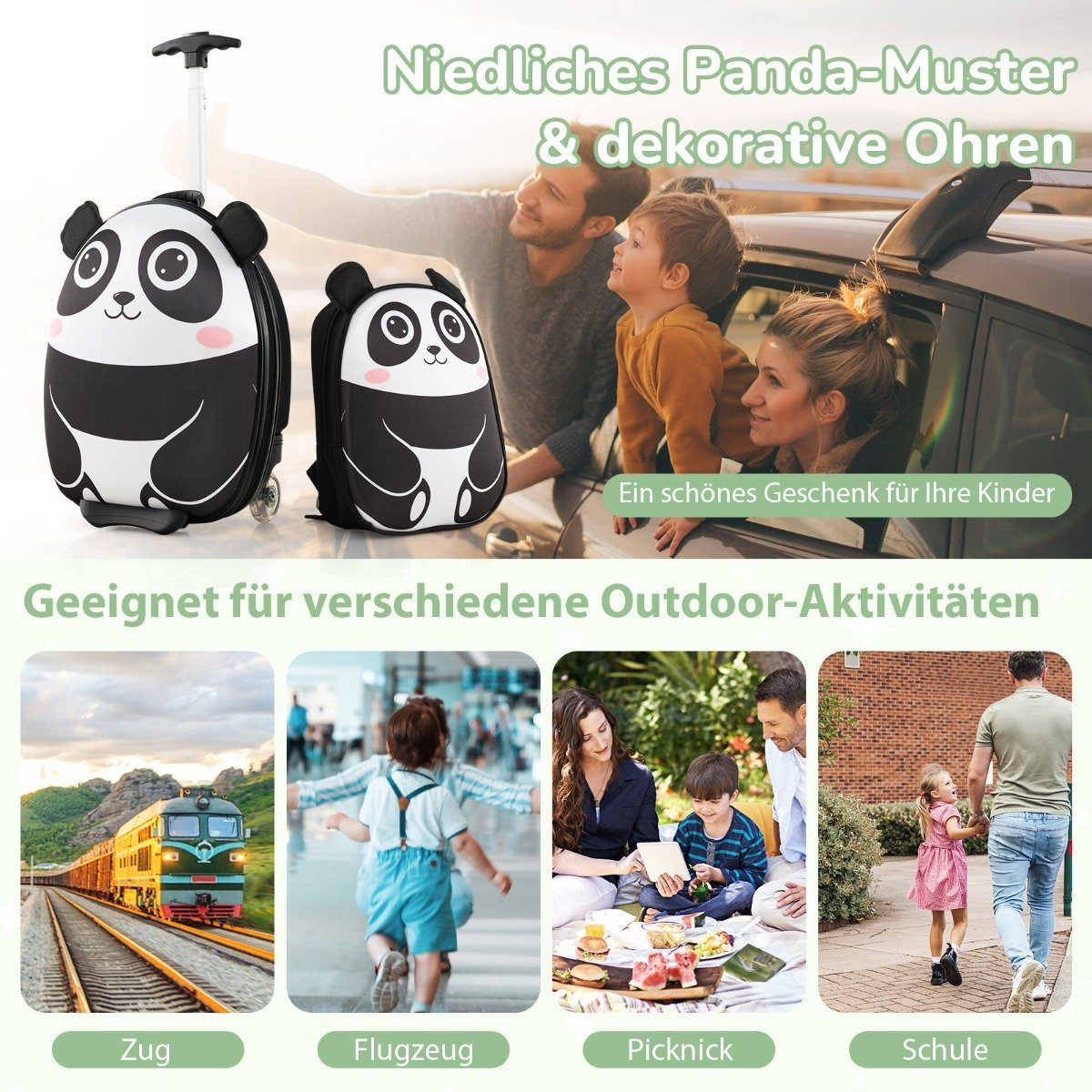 La imagen presenta una maleta y mochila con temática de panda. Familia en un coche. Escenas de tren, avión, picnic y escuela abajo.