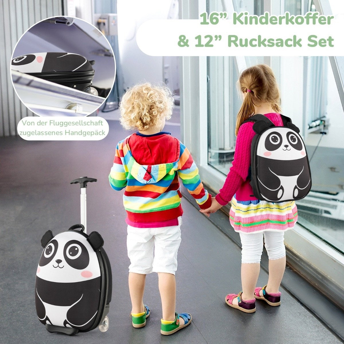 Dos niños tomados de la mano, uno con mochila de panda. Una maleta panda a la izquierda. El texto dice 'Kinderkoffer & Rucksack Set'.